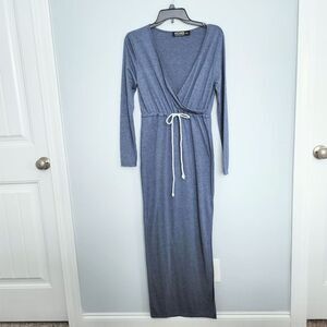 Yoins Blue Long Sleeved V-neck Maxi Dress with Rope Tie Waist Size Medium